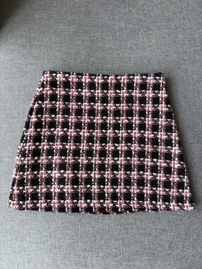 Pink Martini Pink and Black Tweed Plaid A-Line Mini Skirt